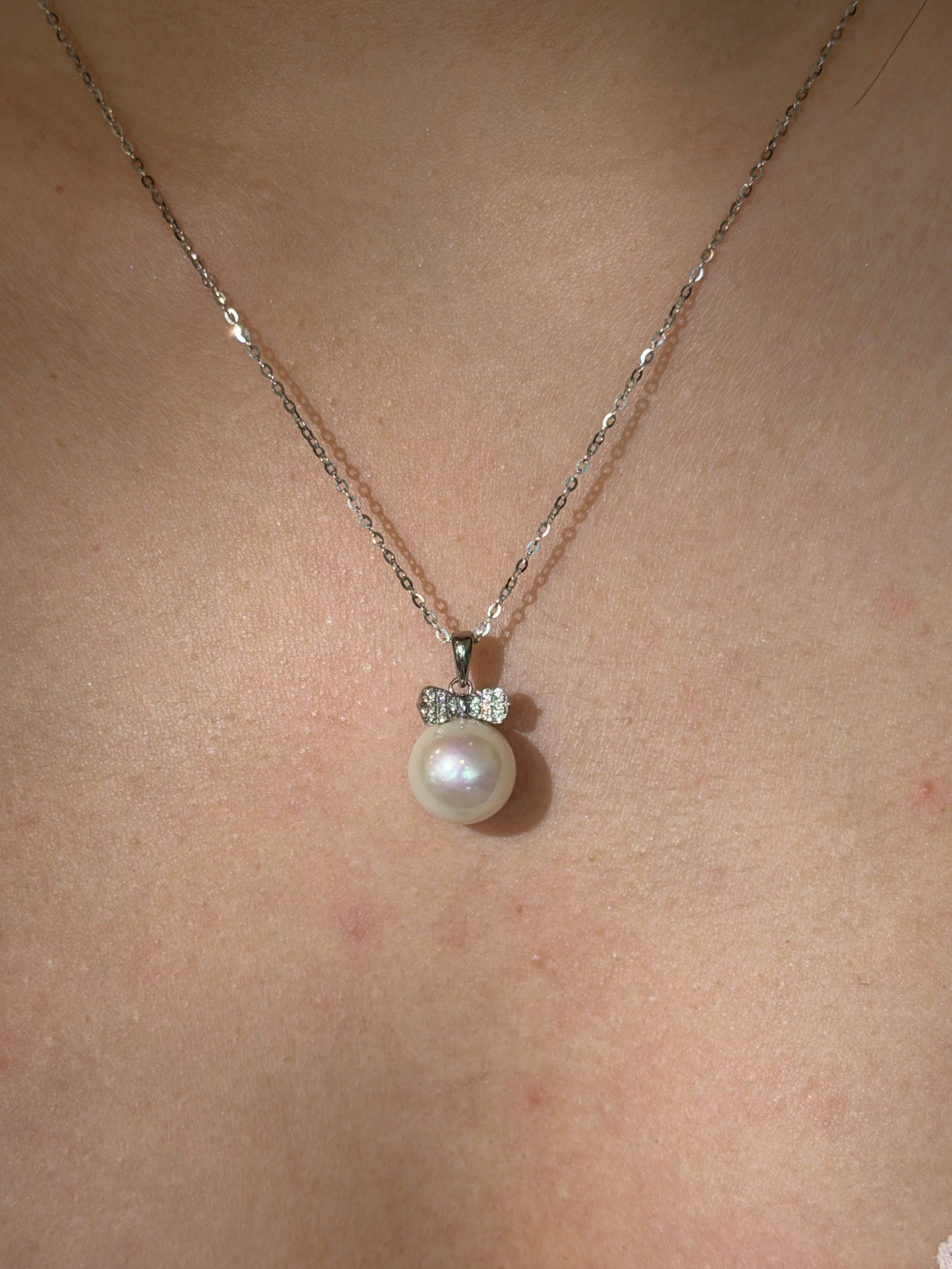 Sparkling Bow & Pearl Drop Pendant Necklace